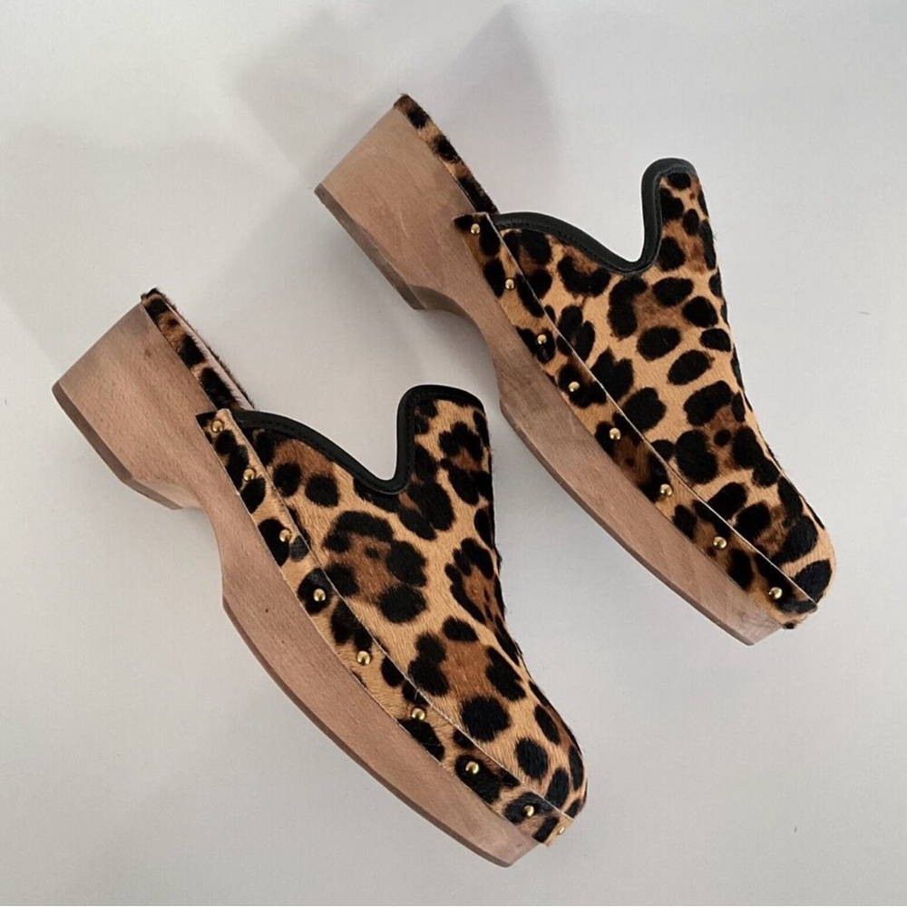 J. Crew Mules Women 8M Animal Print Real Fur-Dyed Calf Hair Wood Heel Clogs